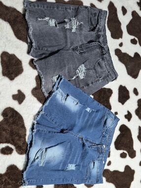 Distressed Denim Shorts Duo - Gray & Blue